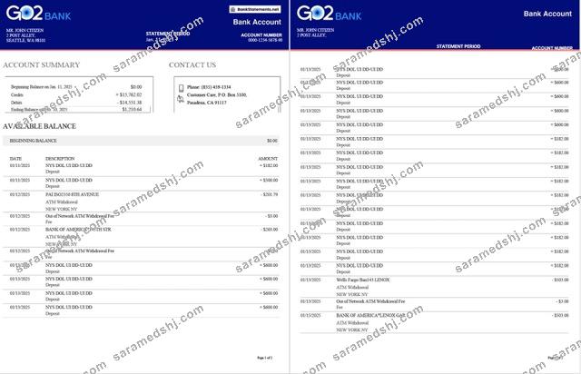 UK GO2 bank statement Word and PDF template, 2 pages